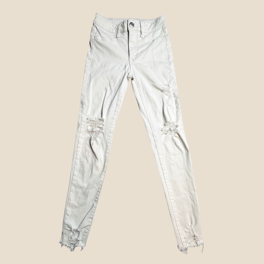 American Eagle Jeggings Womens 2 Mid-Rise Jegging Off-White Distressed Stretch